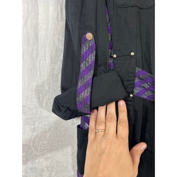 Coogi Shirt Dress 2X Black Purple Silver Belted Studded Logo Smocked Waist Y2K - Picture 8 of 16